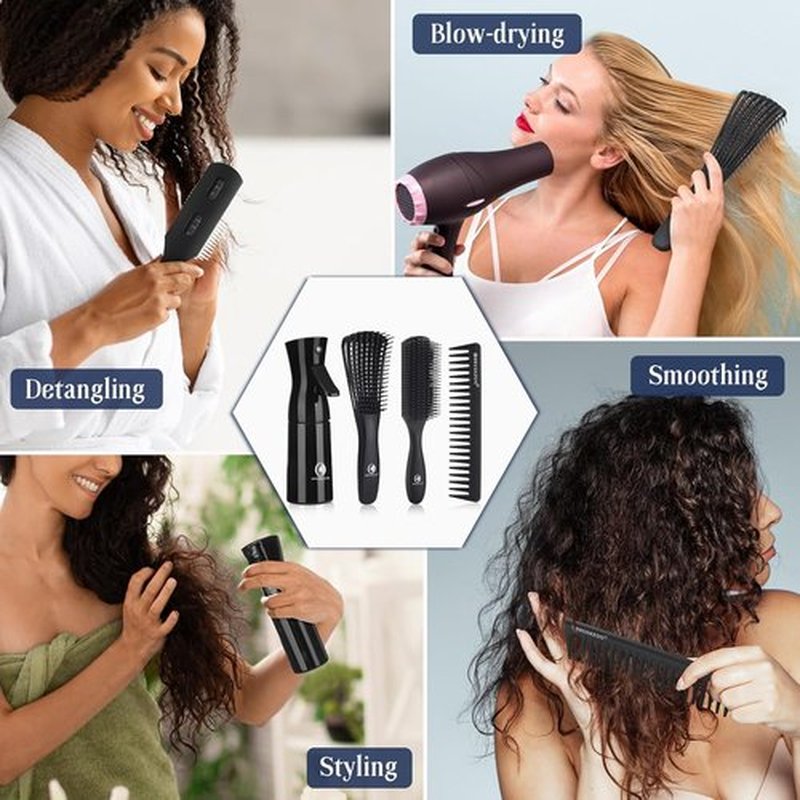 BRUSHZOO Detangling Hair Brush Set - Curly & Natural Hair Care with Wide Tooth Comb & Spray Bottle
