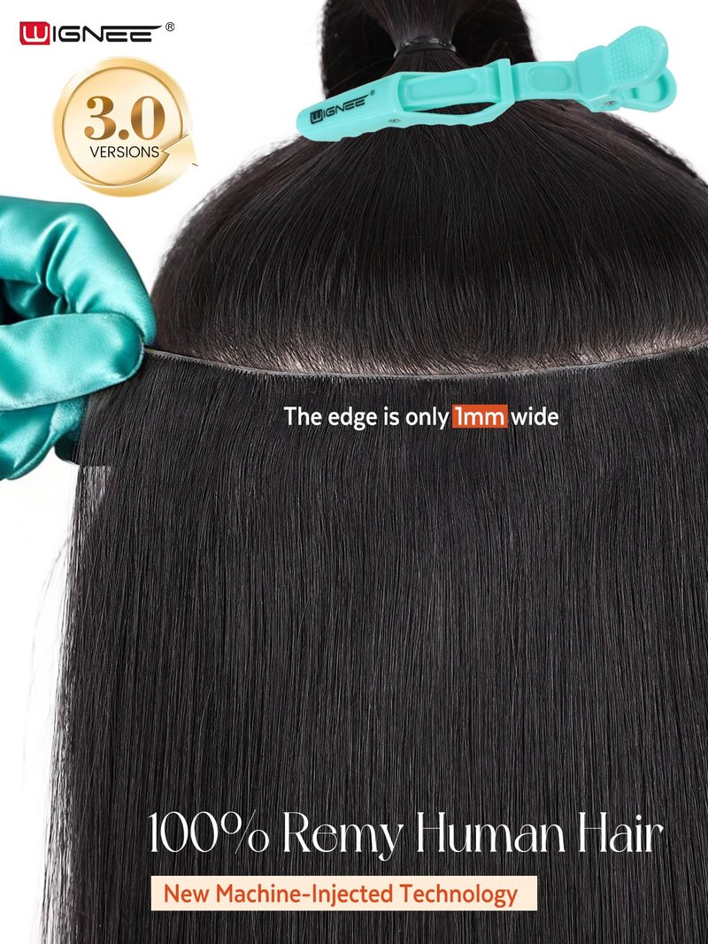 WIGNEE Invisi Edge Black Clip In Hair Extensions Real Human Hair 18inch 130g 8Pcs Machine-Inserted PU Base Human Hair Extension Clip Ins Glueless Remy Hair Extensions for Women