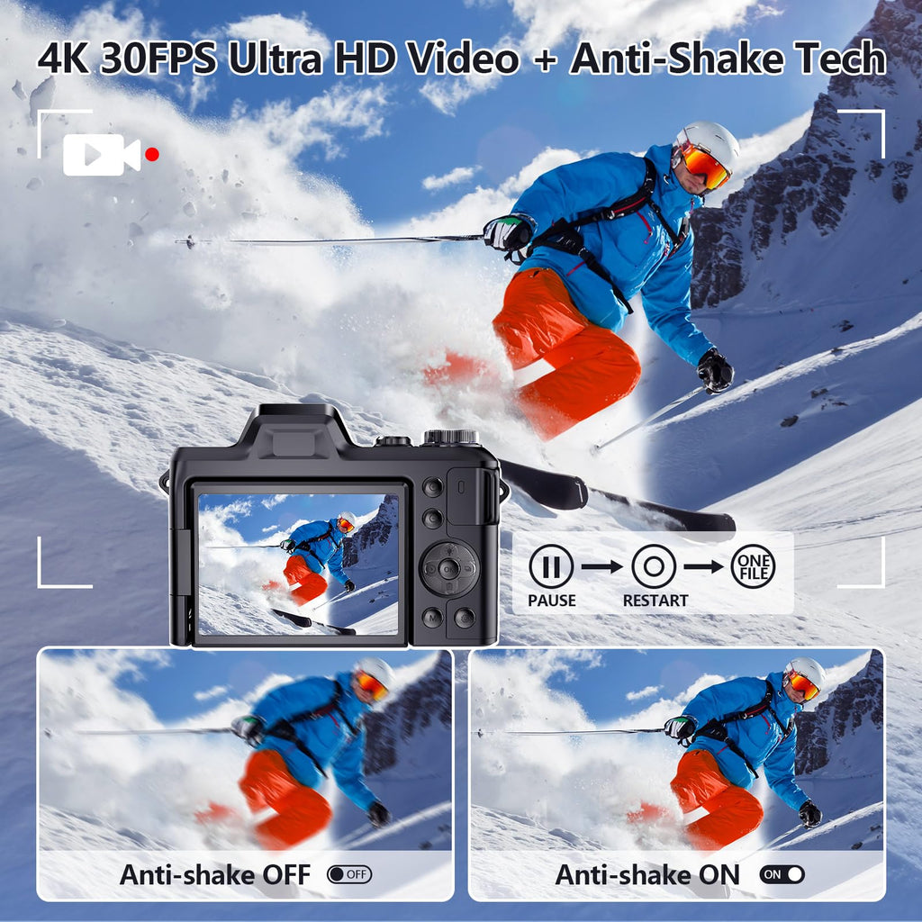 4K Digital Camera for Photography & Vlogging, 56MP Point and Shoot Digital Cameras with 180° Flip Screen, 16X Zoom Compact Travel Camera, Portable Cámara for Adults & Beginners with 32GB SD Card