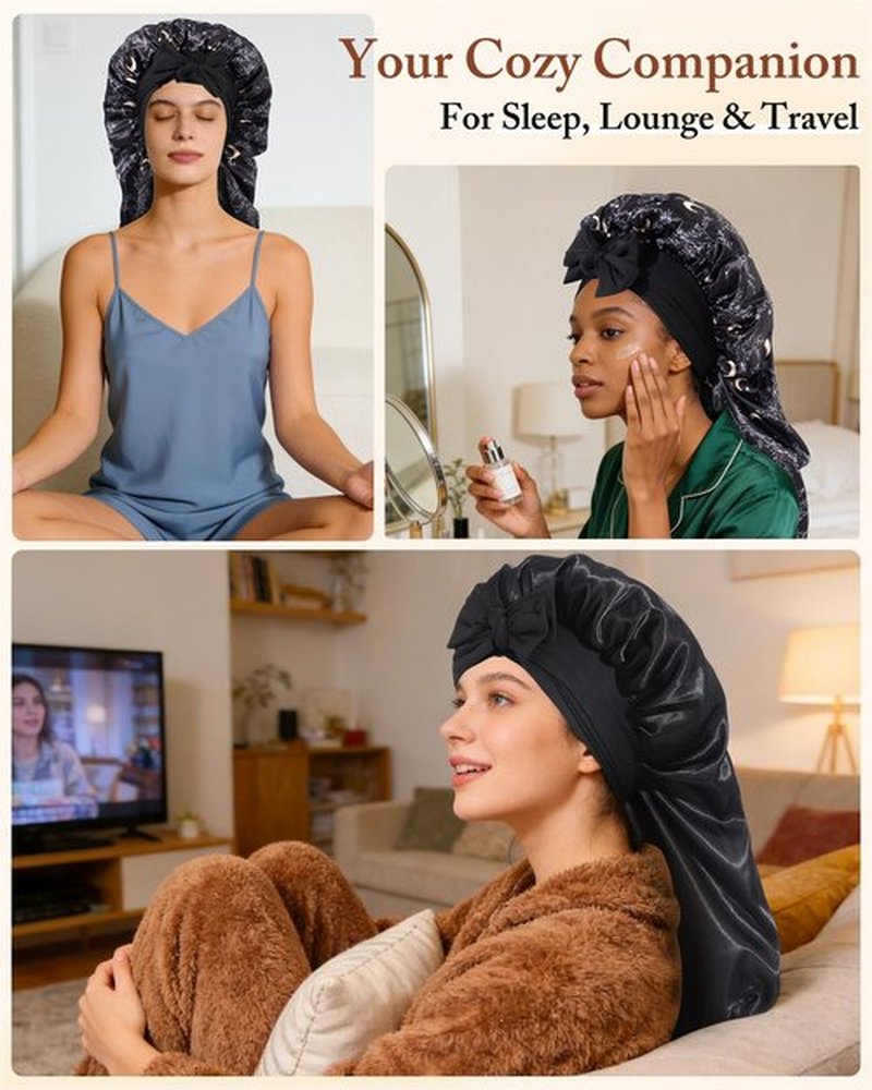 AWAYTR Long Satin Bonnet for Women - Double Layer Elastic Silk Bonnet for Braids Hair Sleeping Cap with Tie Band (Star and Moon+Black)