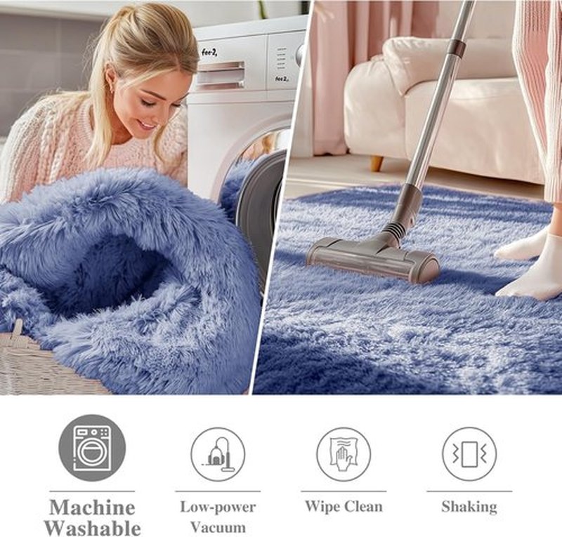 OLANLY Denim Blue Round Area Rug - Soft, Fluffy, Machine Washable 6 ft Circle Carpet for Bedroom & Living Room