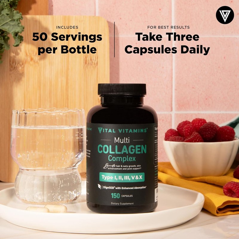 Vital Vitamins Multi Collagen Capsules - Type I, II, III, V, X - Grass Fed & Non-GMO - 150 Count