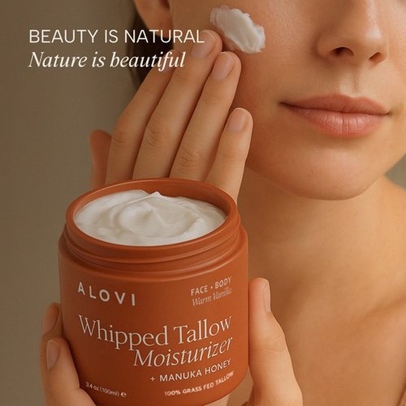 ALOVI Whipped Tallow Moisturizer – 100% Grass-Fed Beef Tallow for Face & Body – Infused with Manuka Honey, Calendula & Almond Oil – Warm Vanilla Scent