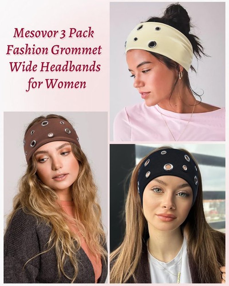 Mesovor 3 Pack Grommet Eyelet Headband for Women, Hollow Out Irregular Eyelets Elastic Wide Head Bands | Y2k Goth Punk Stretchy Hair Accessory (Irregular: Beige, Coffee, Black, 3.15" wide)
