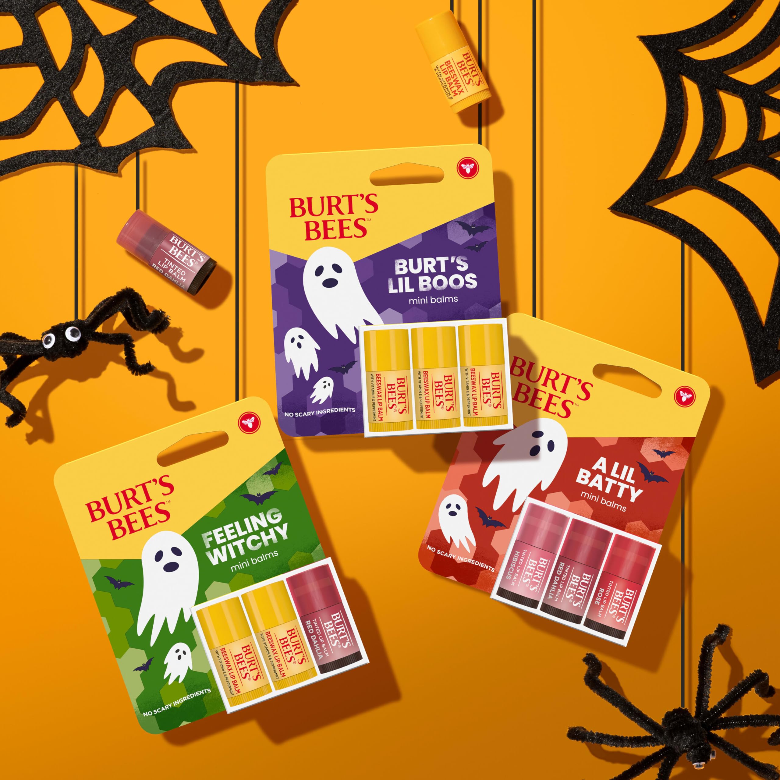 Burt's Bees A Lil Batty Halloween Minis Hibiscus, Red Dahlia and Rose Tinted Lip Balm Gift Set, 100% Natural Origin Lip Care, 3 Tubes, 0.049 Oz. (Package May Vary)