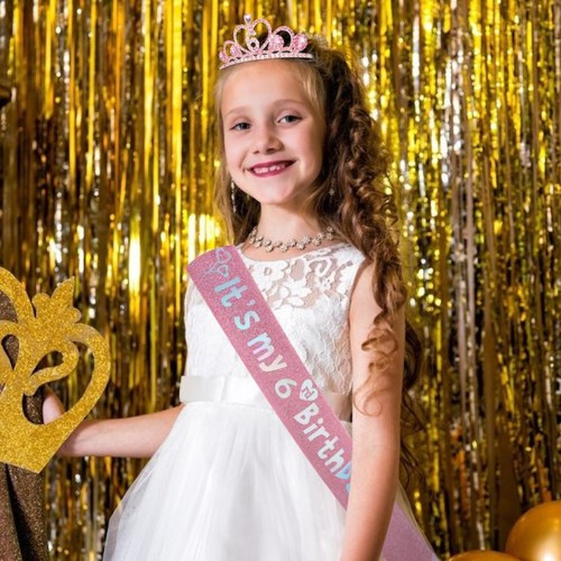 CIEHER 6th Birthday Decorations for Girls - 6th Birthday Crown and Sash with Pearl Pin Set - Pink