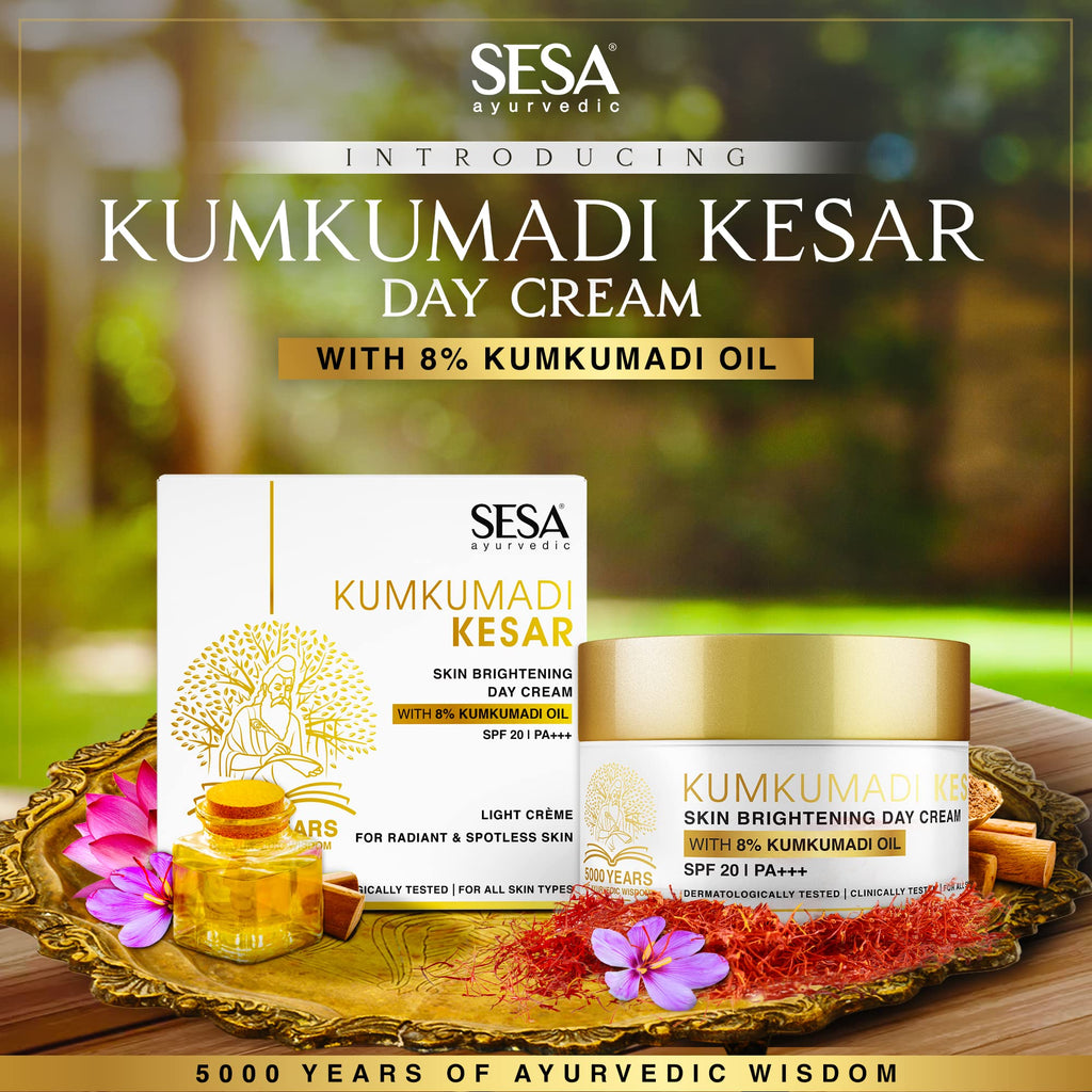 SESA 8% Kumkumadi Kesar Day Cream SPF 20 & PA++ Skin Brightening Ayurvedic Face Moisturizer Face Cream Sun Damage Hydrating with Saffron Lotus Sandalwood for Woman and Men, 50 gm or 1.69 oz