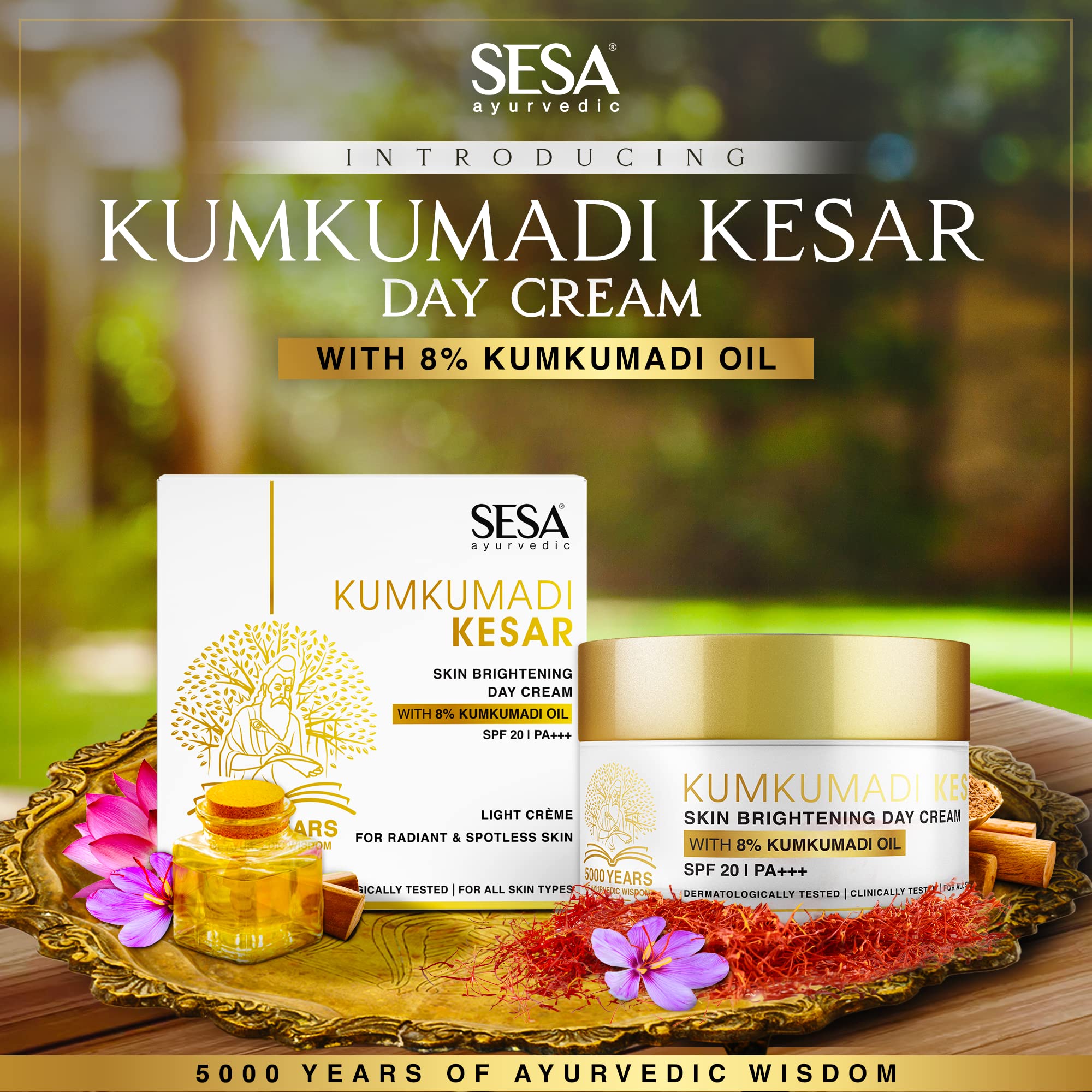 SESA 8% Kumkumadi Kesar Day Cream SPF 20 & PA++ Skin Brightening Ayurvedic Face Moisturizer Face Cream Sun Damage Hydrating with Saffron Lotus Sandalwood for Woman and Men, 50 gm or 1.69 oz