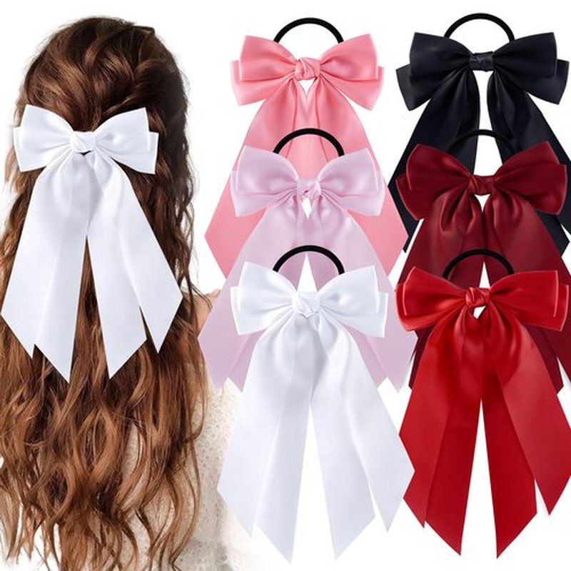 hisial 6Pcs Bow Hair Ties Non-Damage Ponytail Holders Hair Bows Ribbon for Women Fashion Bows Accessories for Girls Elastic Hair Bands(White/Pink/Red/Black)