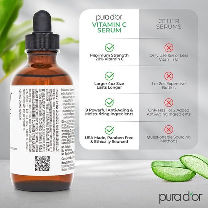 PURA D'OR 20% Vitamin C Facial Serum - Antioxidant Blend with Retinol & Hyaluronic Acid, 4 Oz | Hydrating Skincare for Daily Use