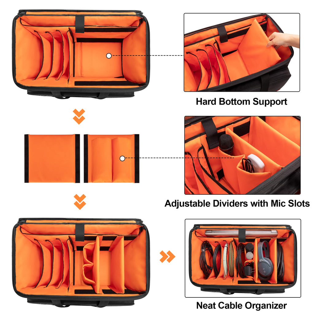 Trunab Rolling DJ Cable File Bag with Hard Padded Bottom,Detachable Dividers and Dolly,Travel Gig Bag for Professional DJ Gear, Musical Instrument and Accessories