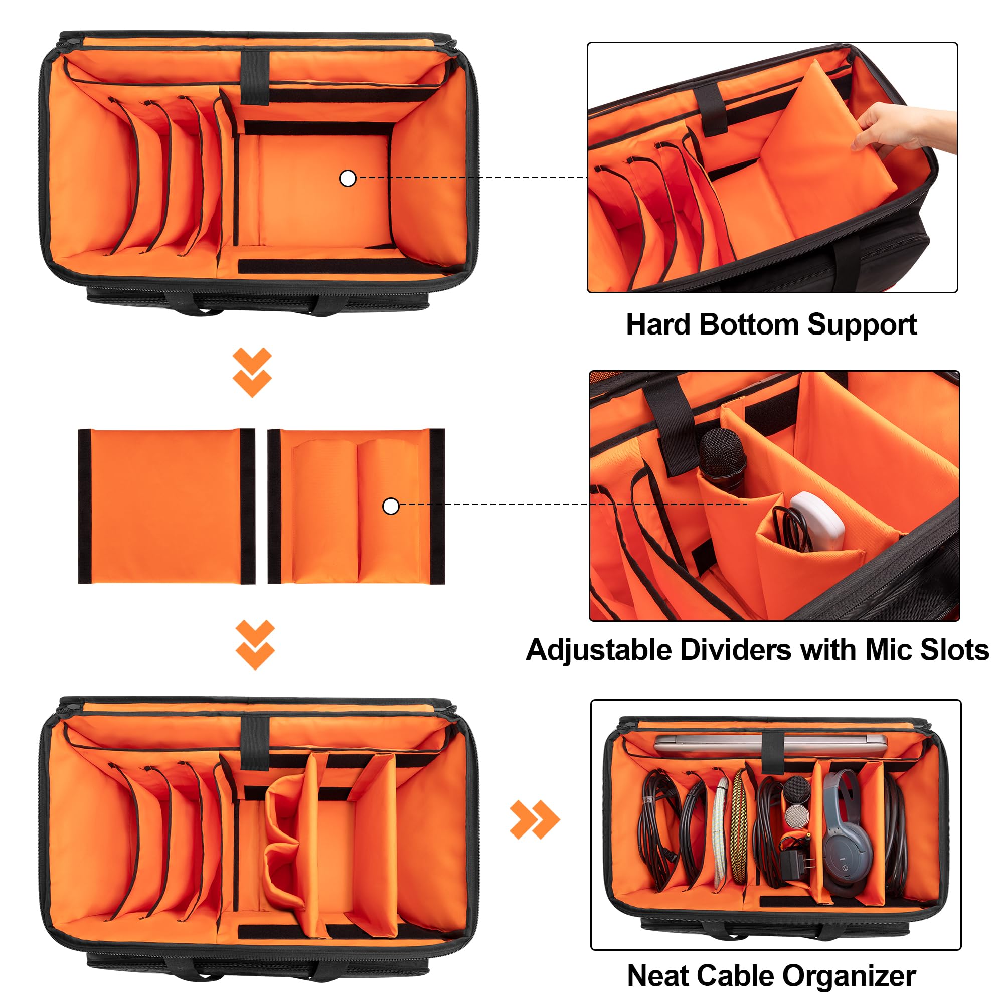 Trunab Rolling DJ Cable File Bag with Hard Padded Bottom,Detachable Dividers and Dolly,Travel Gig Bag for Professional DJ Gear, Musical Instrument and Accessories