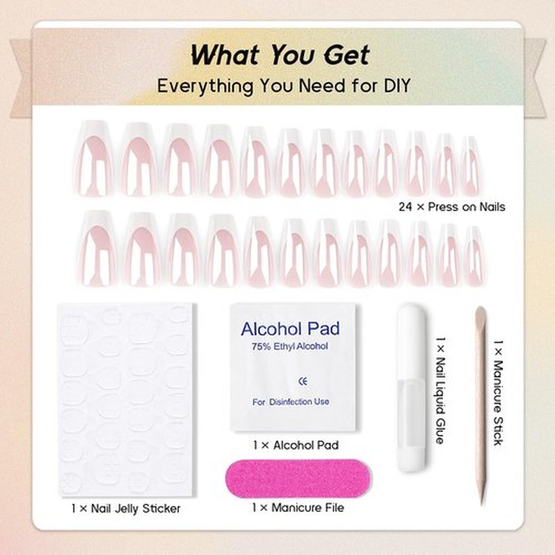 Qsnidy Pearlescent Press on Nails Medium, Glazed White French Fake Nails Coffin Chrome Acrylic Press Ons for Women, Natural Fit Full Cover Glue on Nails in 12 Sizes - 24 Pieces Nail Kit