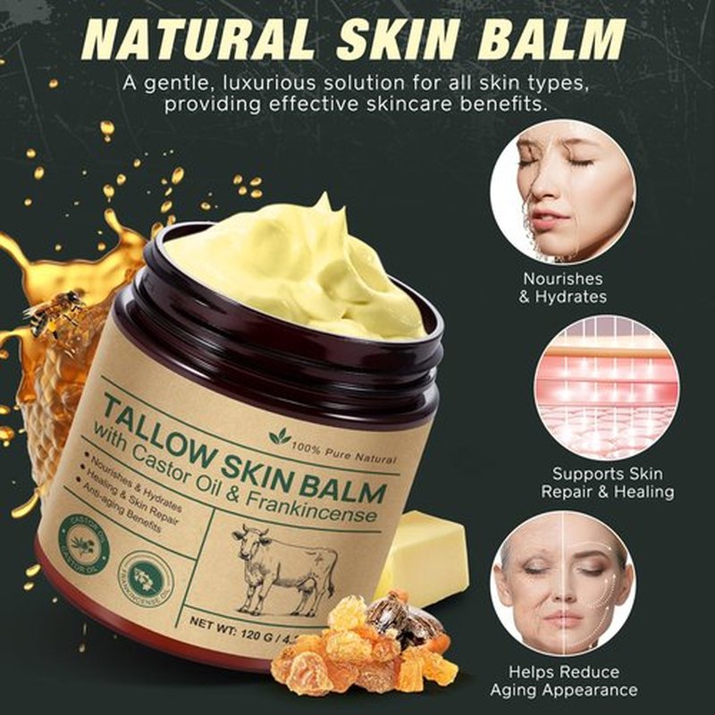 FANSHI Tallow Skin Balm With Castor Oil & Frankincense, Vitality Frankincense Balms 100% Grass-Fed Tallows For Skin Care Castor Oil Balm Beef Tallow For Face & Body120 G/4.2 Oz