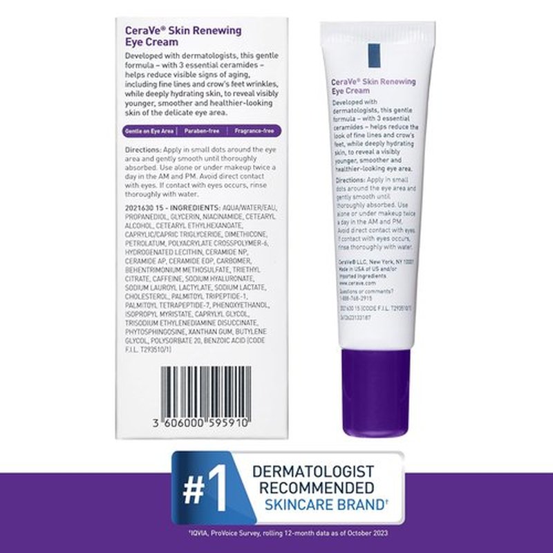 CeraVe Skin Renewing Eye Cream - Anti-Wrinkle Formula with Peptides, Caffeine & Niacinamide | Paraben-Free, Ophthalmologist Tested