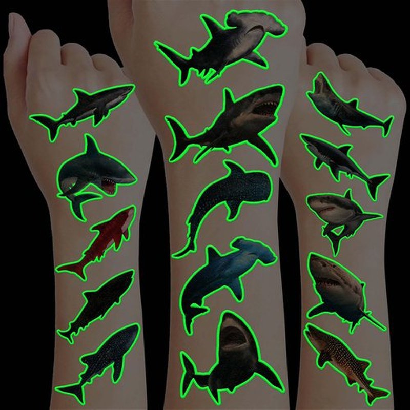 Realistic Shark Glow in The Dark Temporary Tattoos for Kids – 96PCS Luminous Waterproof Removable Stickers – Birthday Party Decorations Supplies Favors – Boys Girls Ocean Animal Gift - Halloween Party
