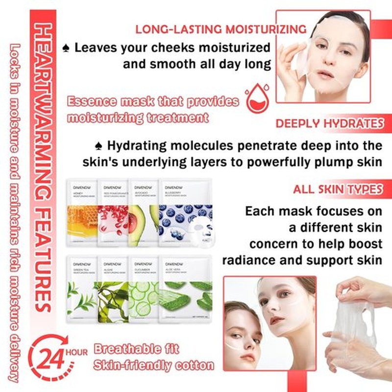 Skiennix 8PCS Hydrating Facial Sheet Masks - Moisturizing for All Skin Types | Revitalize Your Skin