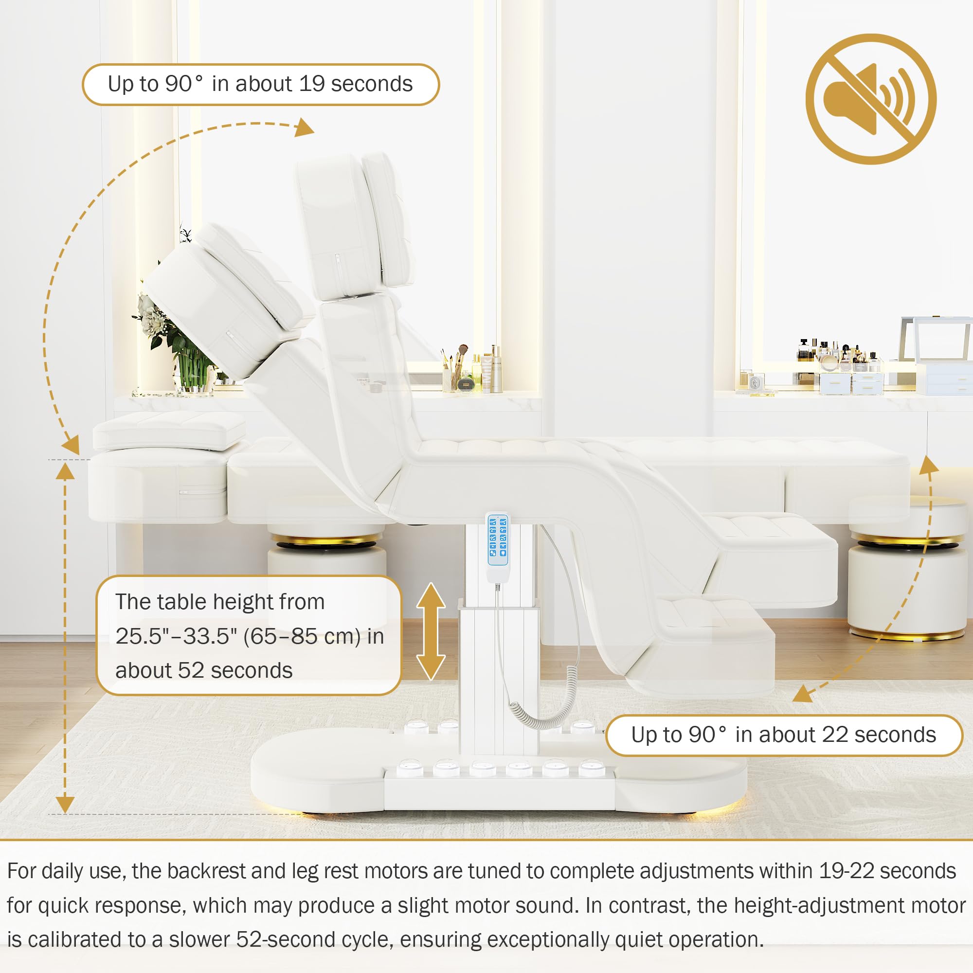Professional Electric Spa Table/Chair with LED Light, 3 Motor Height Adjustment, Backrest, Leg Support Angle Adjustable for Massage, Facial, Medical, Tattoo, Waxing, Beauty Salon and More - White