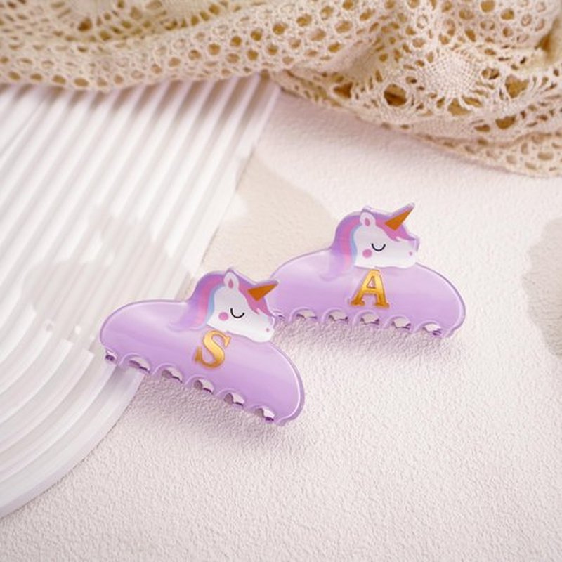 Fohufo Valentines Day Gifts for Girls - Cute Initial Unicorn Hair Clips, Purple Claw Clips Durable Hair Clip, Unicorn Gifts for Girl 6-12 Year Old Girl Brithday Gift, Letter A