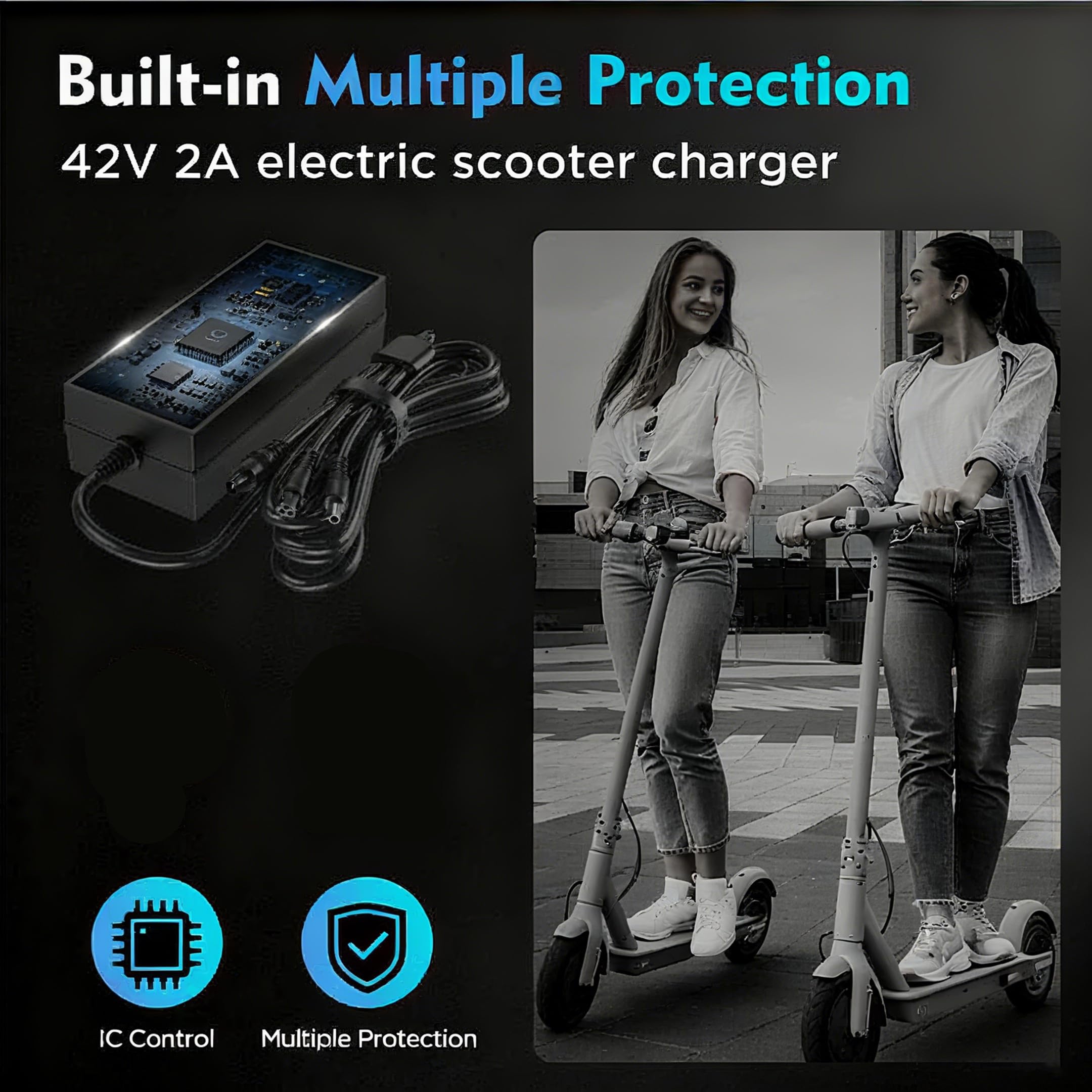 EVAPLUS UL Certified 42V 2A Fast Charger with 5 Type Plugs for 36V Lithium Batteries- Compatible with Pocket Mod, Sports Mod, Electric Scooters