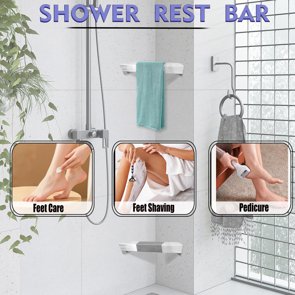LIWEIKE Brushed Nickel Shower Foot Rest Bar Wall Mount Shower Stool for Shaving Legs Non-Slip Scrub Shower Foot Step Square Corner Shower Shaver Foot Rest