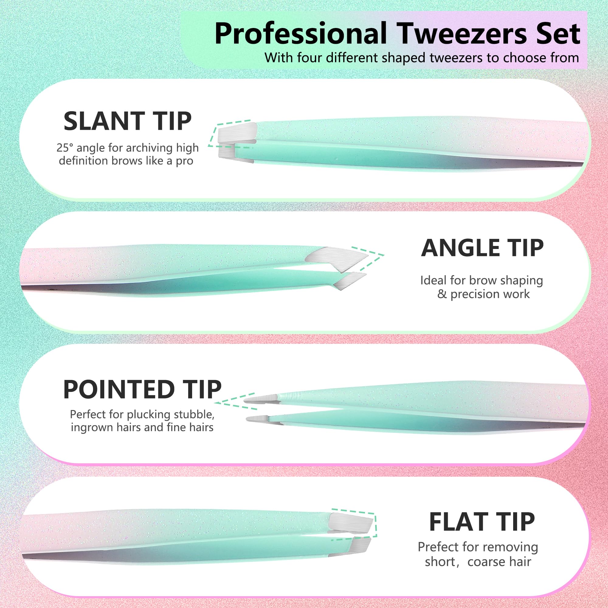 WangSelect Tweezers and 10X Magnifying Mirror Kit with Travel Leather Case, Eyebrow Tweezer Set for Women & Men, Great Precision for Facial Hair, Splinter and Ingrown Hair Removal - Light Color