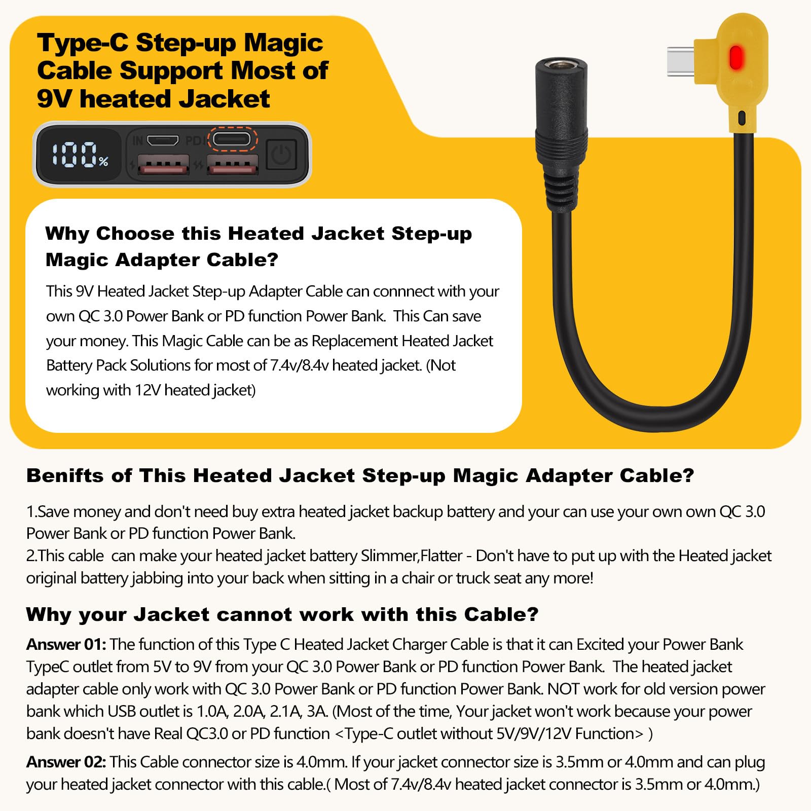 Smarkey 9V Heated Jacket Battery Step-Up Adapter Cable Compatible with ORORO and Venustas 7.4V, 8.4V Heated Jackets, Hoodies & Heated Vests (Not for 12V Heated Gear)