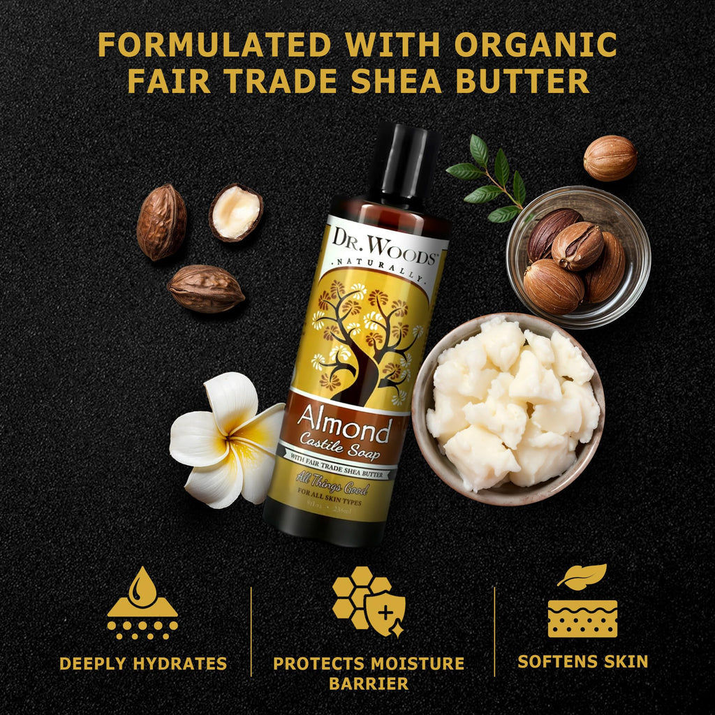Dr. Woods Almond Liquid Castile Soap - Castile Soap with Pure Almond Oil, Body Wash for Men and Women, Contains Organic Shea Butter, Natural Cleaner for Face, Hands, and Body - 8 Fl Oz