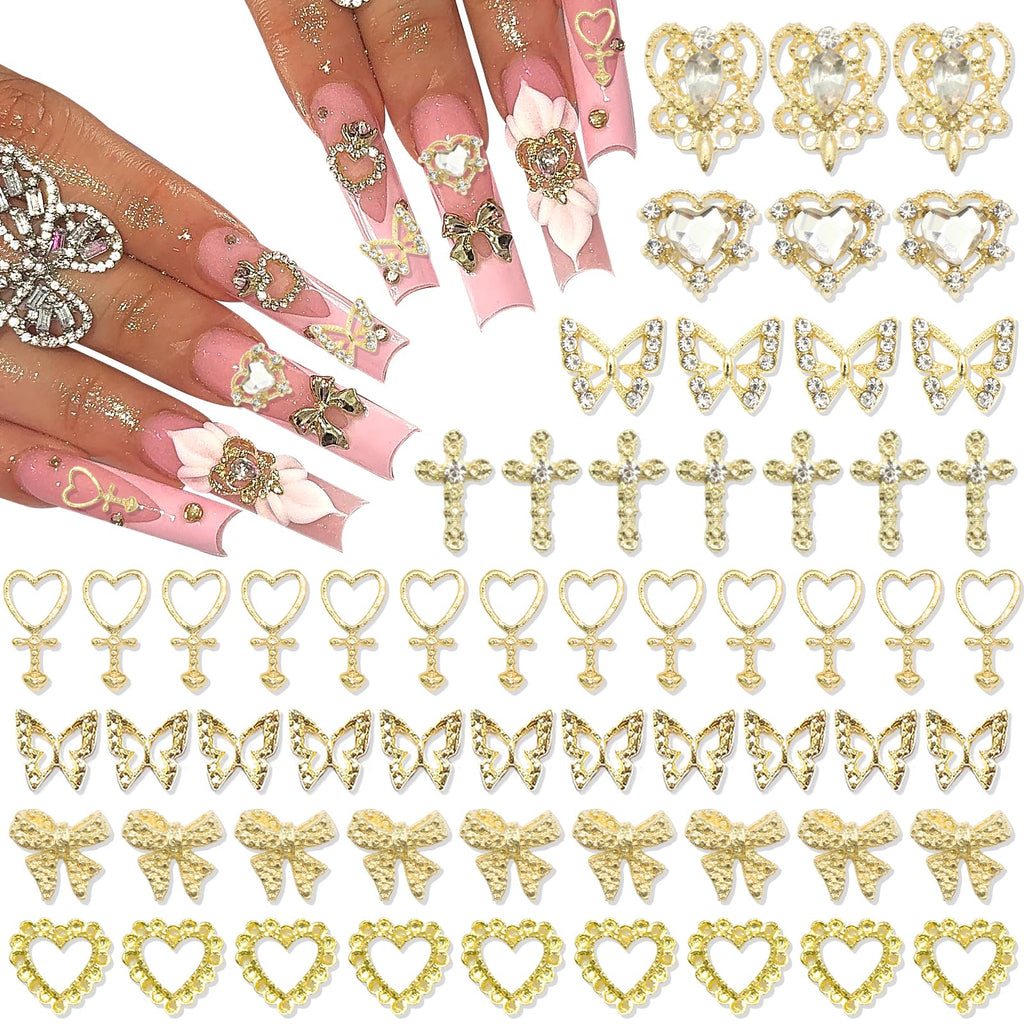 YAEISM 105PCS Gold Nail Charms 3D Gold Heart Nail Charm 8 Shapes Butterfly Charms for Nails Shiny Gold Nail Charms Cross Alloy Nail Bows for Nail Art and DIY Crafts Decoration