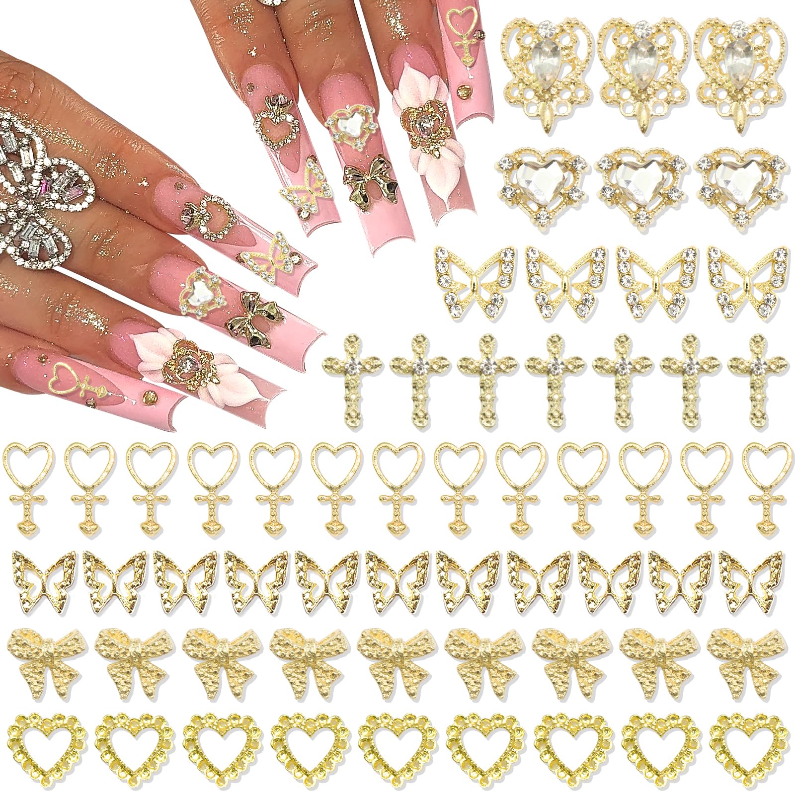 YAEISM 105PCS Gold Nail Charms 3D Gold Heart Nail Charm 8 Shapes Butterfly Charms for Nails Shiny Gold Nail Charms Cross Alloy Nail Bows for Nail Art and DIY Crafts Decoration