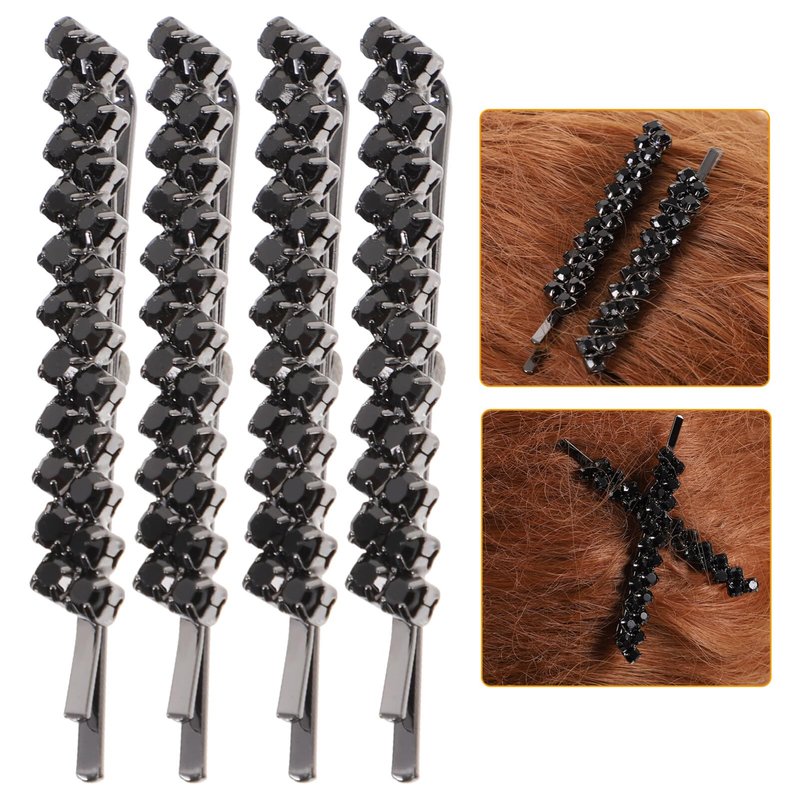 Uonlytech Hair Clips, 1 Set 2 Pairs Rhinestone Hair Barrette Pins Clear Crystal Hair Bobby Pin Accessories for Women - Black, Size 6x0.7cm, 4 Pieces