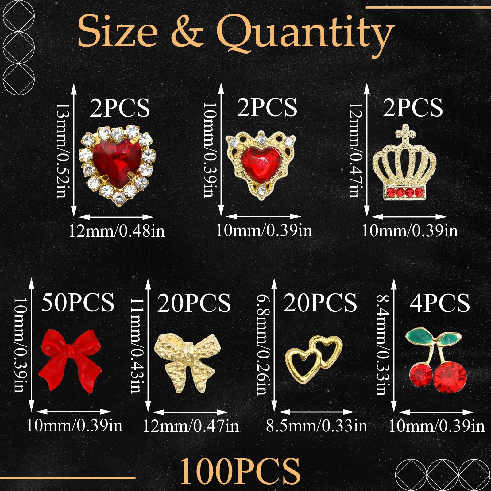 YAEISM Gold Nail Charms 100pcs - 7 Styles Red Bow, Crystal Cherry, Heart, Sparkly Crown, Bowknot Art Gems Rhinestones for Women and Girls