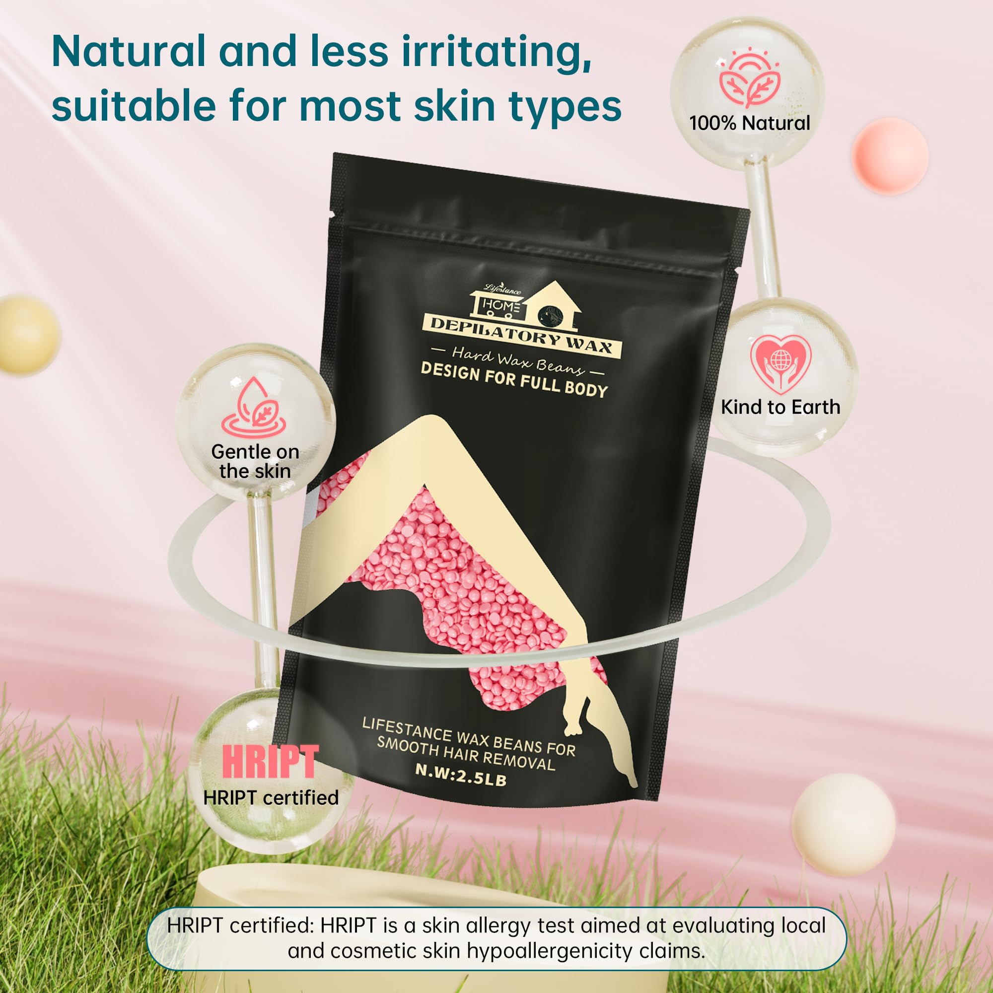 Lifestance Wax Beans Hair Removal Kit, Rose Pink, 2.5lb with 30 Applicators for Eyebrow, Face, Underarm, Bikini Waxing, Women Men Sensitive Skin