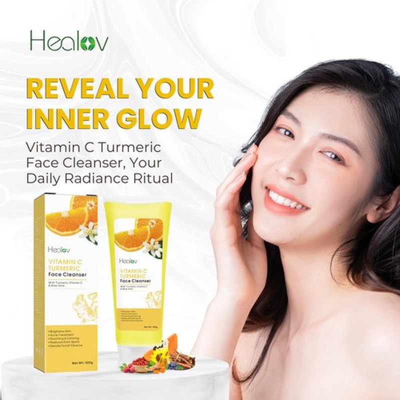 Healov Turmeric Face Wash – Skin Brightening Liquid Soap for Discoloration – Natural Anti Aging Exfoliating Facial Cleanser for Spots, Acne, Sun Damage – Turmeric Soap Skincare