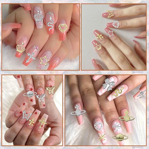 144 Pcs Silver Gold Nail Charms Y2K, 3D Butterfly Bows Planet Nail Gems Charms, Heart Cross Star Metal Nail Jewelry Charms for Nails Art Design DIY Accessories