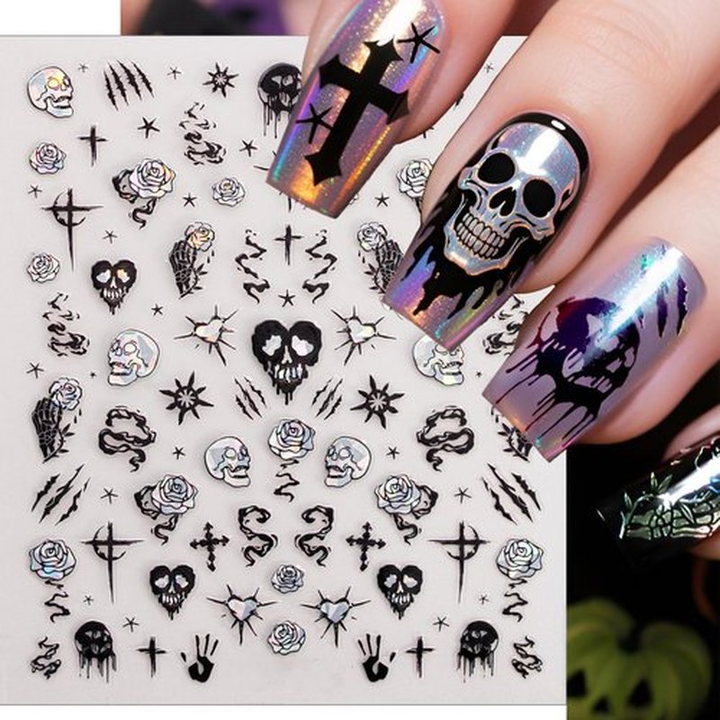 6 Sheets Halloween Nail Stickers – Black & White Holographic Gothic Ghost Skull Spider Web Nail Art Decals, Self-Adhesive Halloween Cute Manicure Decorations for Women Girls DIY Nail Art