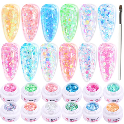 noirwhite Glitter Gel Nail Polish Set -12 Colors Sparkle Sequins Gel Polish Resplendent Colorful Trendy Translucent Glitter Solid Nail Polish Kit Soak Off UV LED for Home DIY Salon with Brush