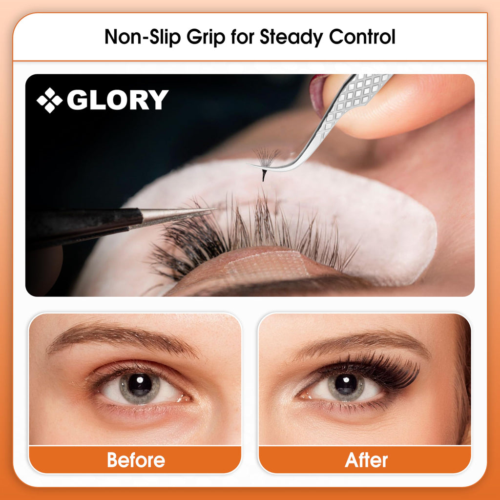 Glory Professional Curved Fiber Tip Eyelash Tweezers for Individual, Classic & Volume Diamond Grip Stainless Steel Precision Lash Extension Curved Tweezers for Multi Purpose