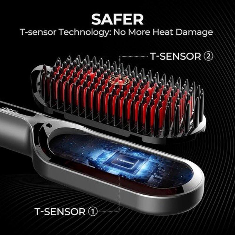 TYMO Hair Straightener Brush - Ionic Plus with 16 Heat Settings | Ceramic Hot Comb for Thick Curly Hair, Black