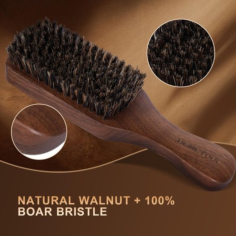 DEBETOOL Natural Walnut Wood Mens Hair Brush - Stiff Boar Bristle Men's Hair Brush for Thin Hair Detangling, Beard Straightens