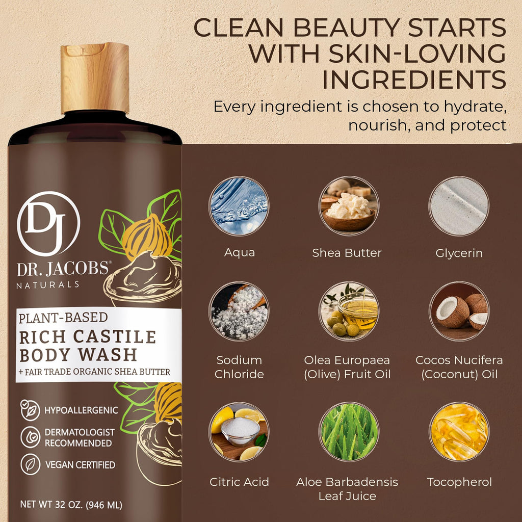 Dr. Jacobs Naturals Pure Castile Soap Liquid Body Wash, Shea Butter - Plant Based Soap Infused with Vitamin E and Aloe Vera to Moisturize Dry and Sensitive Skin - Made in The USA - 32 oz, Pack of 1