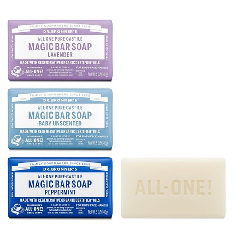 Dr. Bronner's Pure-Castile Magic Bar Soap | Vegan Soap Bars for Face, Body & Hair - Variety 3-Pack, Peppermint, Lavender, Unscented