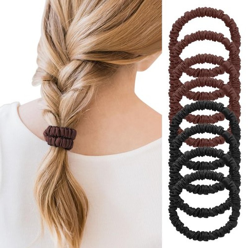 8Pcs Mulberry Silk Scrunchies Set, Silk Hair Ties Elastic for Women, Skinny Scrunchies Reduces Breakage for All Hair Types Srevela (4*Black, 4*Brown)