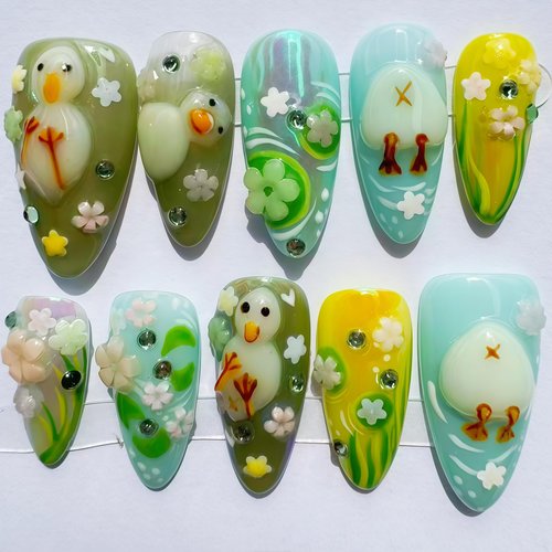 Handcrafted Press On Nails Italian Vacation Style Duck & Garden Pond 100% Handmade Realistic Artistic Fake Nails With Adhesive Glue Tabs And Tool Gifts For Women (Hand-Painted Duck,Medium M)