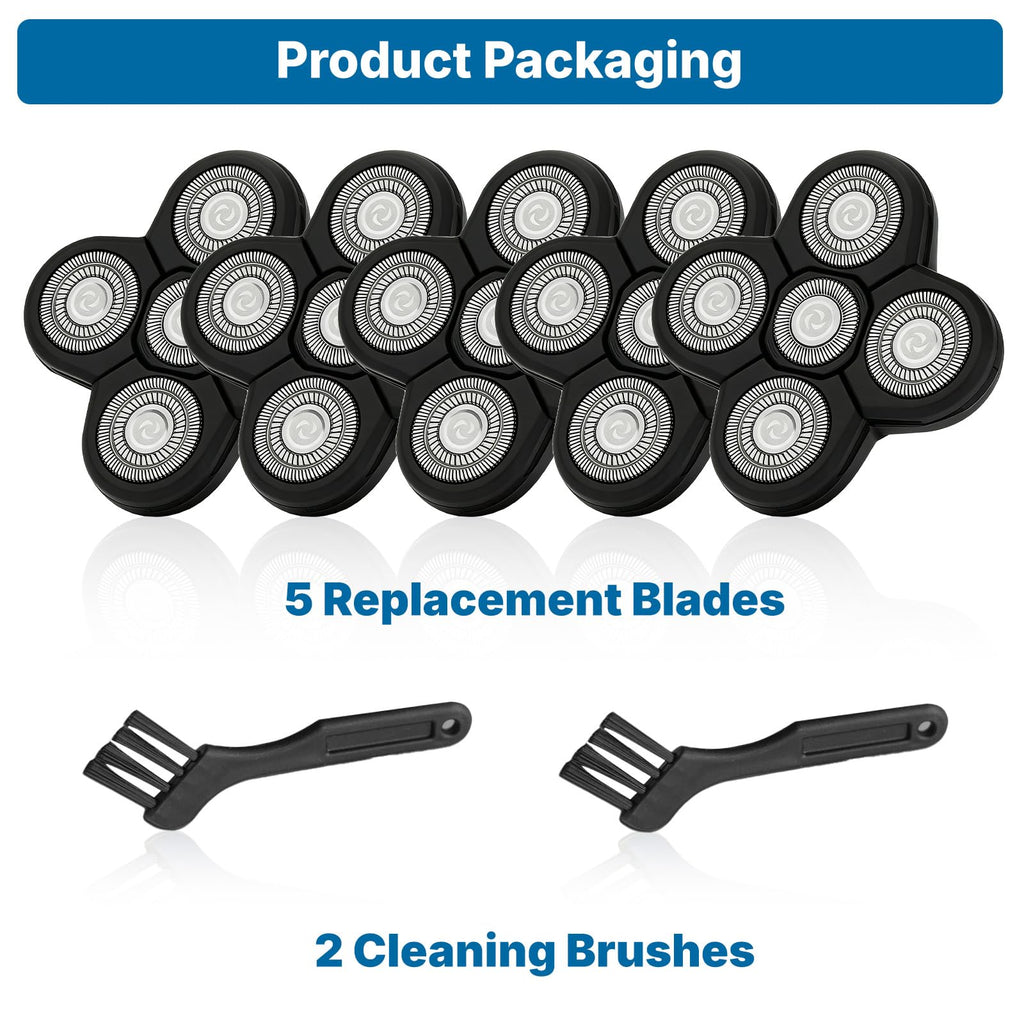 5 Replacement Heads for Universal Series Head Shaver, Waterproof Blade Electric Bald Men Freedom Grooming Waterproof Razor Refills Rotary Heads Design + 2 Cleaning Brushes for Father Husband Partner