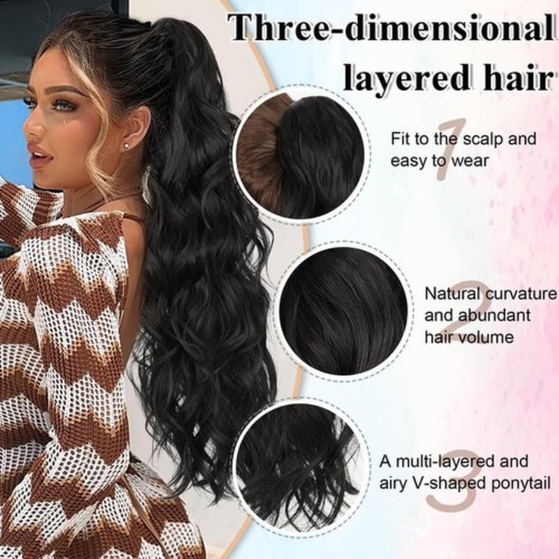 LRSICAL Ponytail Extension, Claw Clip Ponytail Extension Long Wave Black Ponytail Extensions for Women Fluffy Natural Synthetic 26 Inch Hairpiece for Daily Use