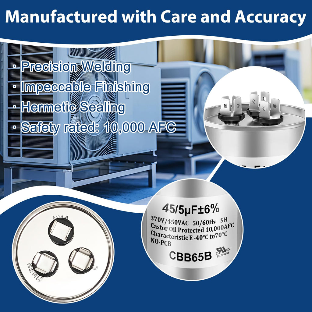 45/5 MFD 45+5 uF ±6% 370V/440VAC CBB65B Dual Run Circular Start Capacitor for AC Motor Run or Condenser Straight or Fan Start（60 * 100mm）