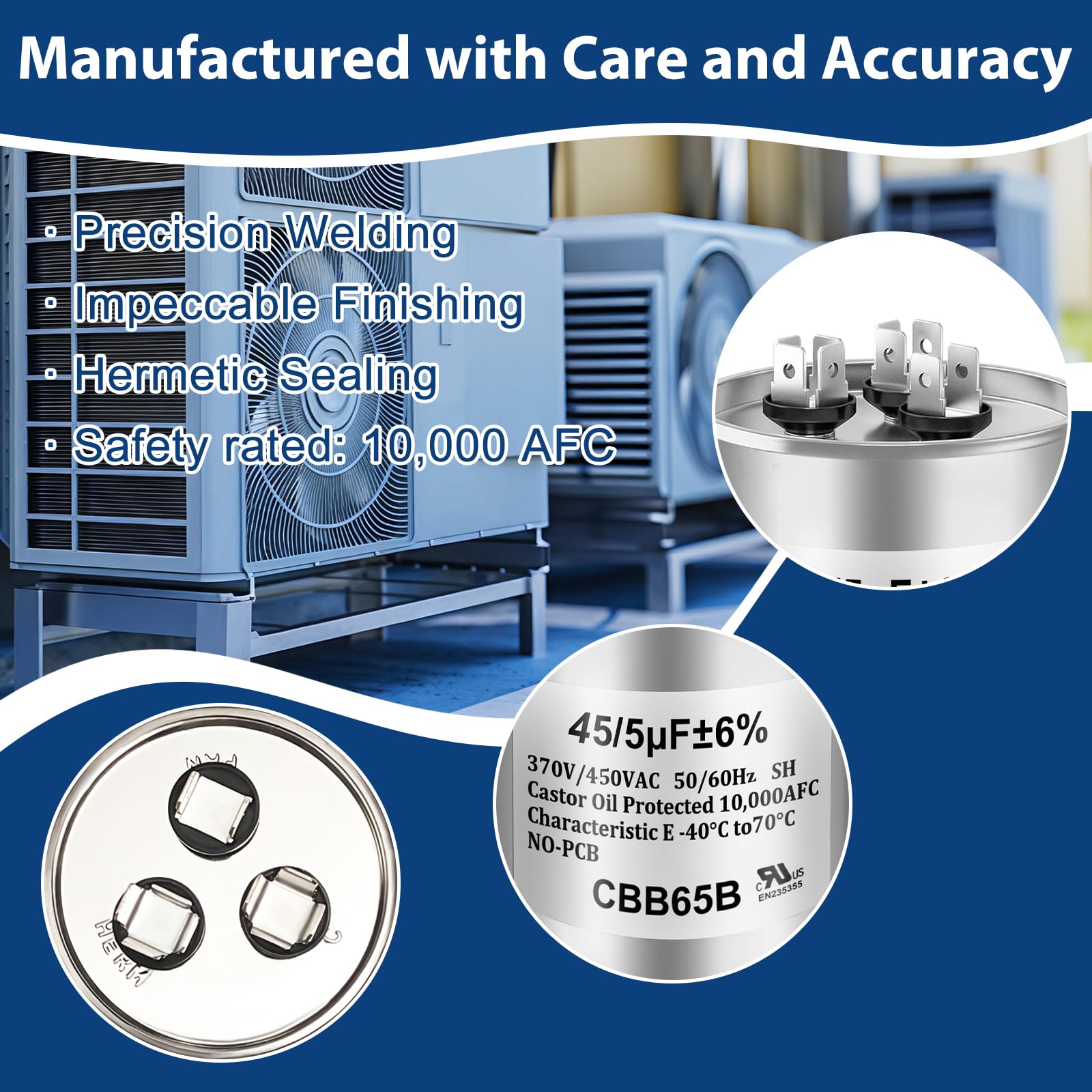 45/5 MFD 45+5 uF ±6% 370V/440VAC CBB65B Dual Run Circular Start Capacitor for AC Motor Run or Condenser Straight or Fan Start（60 * 100mm）