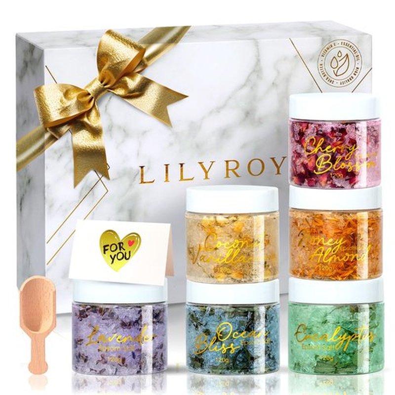 Mothers Day Gifts for Women - 9-Piece Floral Epsom Salt Gift Set for Women with 6 x 120g Epsom Salt, Bath and Body Gift Set in Elegant Box | Christmas, Valentines Day, Birthday Gifts for Men