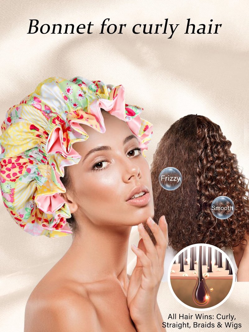 Vettres Floral Satin Bonnet with Scrunchie Set,Double Layer Ruffle Reusable Sleeping Shower Cap for Curly Hair Blue-cherry